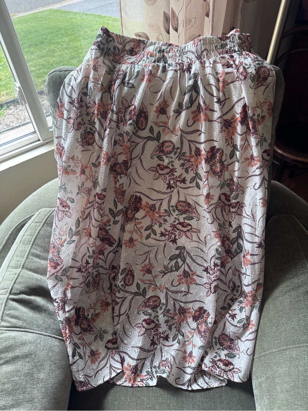 Maurices White Midi Skirt with Pink and Green Floral Print